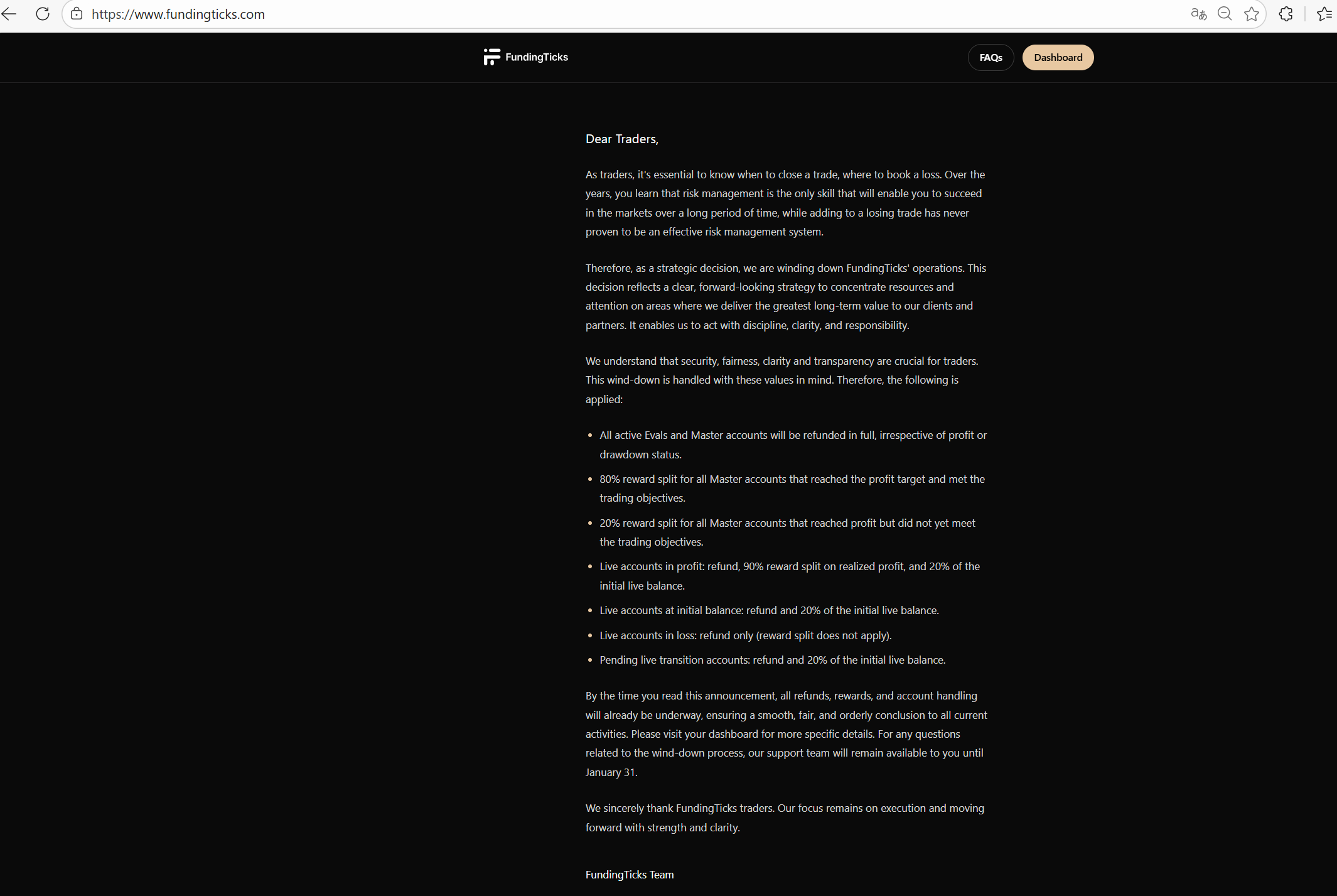 FundingTicks homepage showing the Dear Traders shutdown message